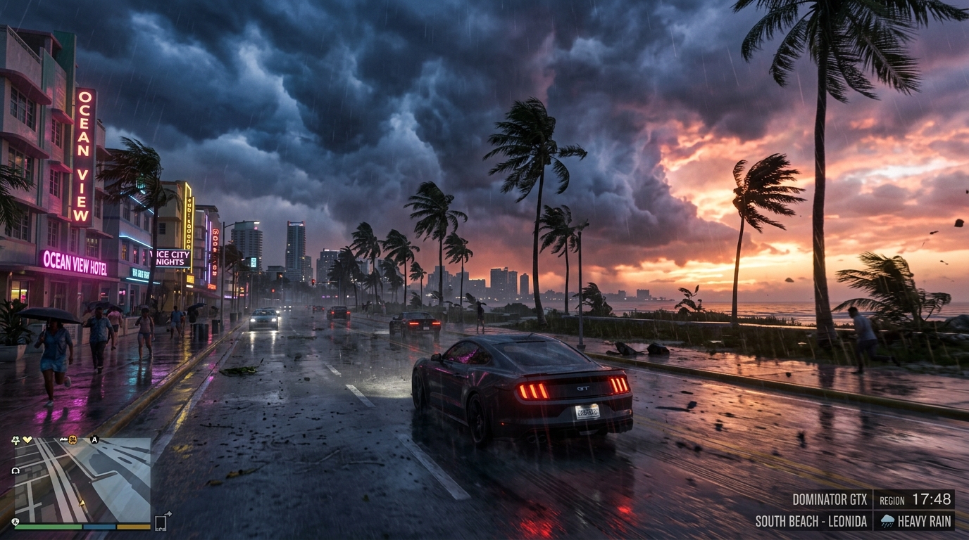 GTA6 レオニダ州バイスシティの天候シミュレーションと夕暮れスコール